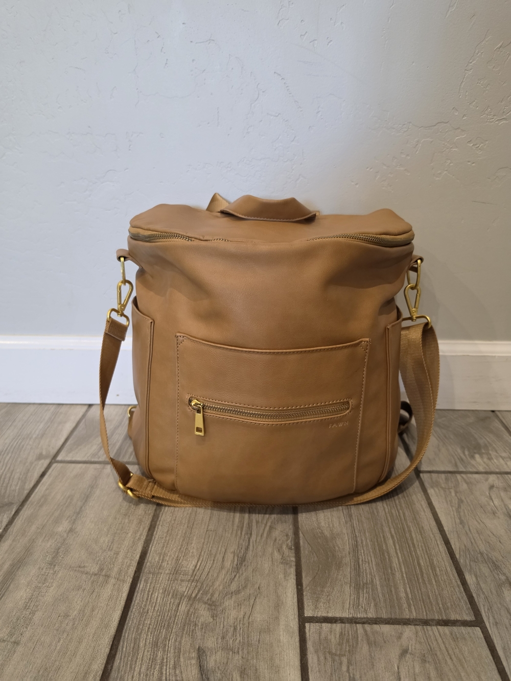 Fawn Design Tan Leather Bucket Backpack with Gold Hardware